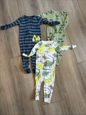 3-Pack Cotton Footie Sleepers for Kids — Navy, Olive, and White Dino Prints